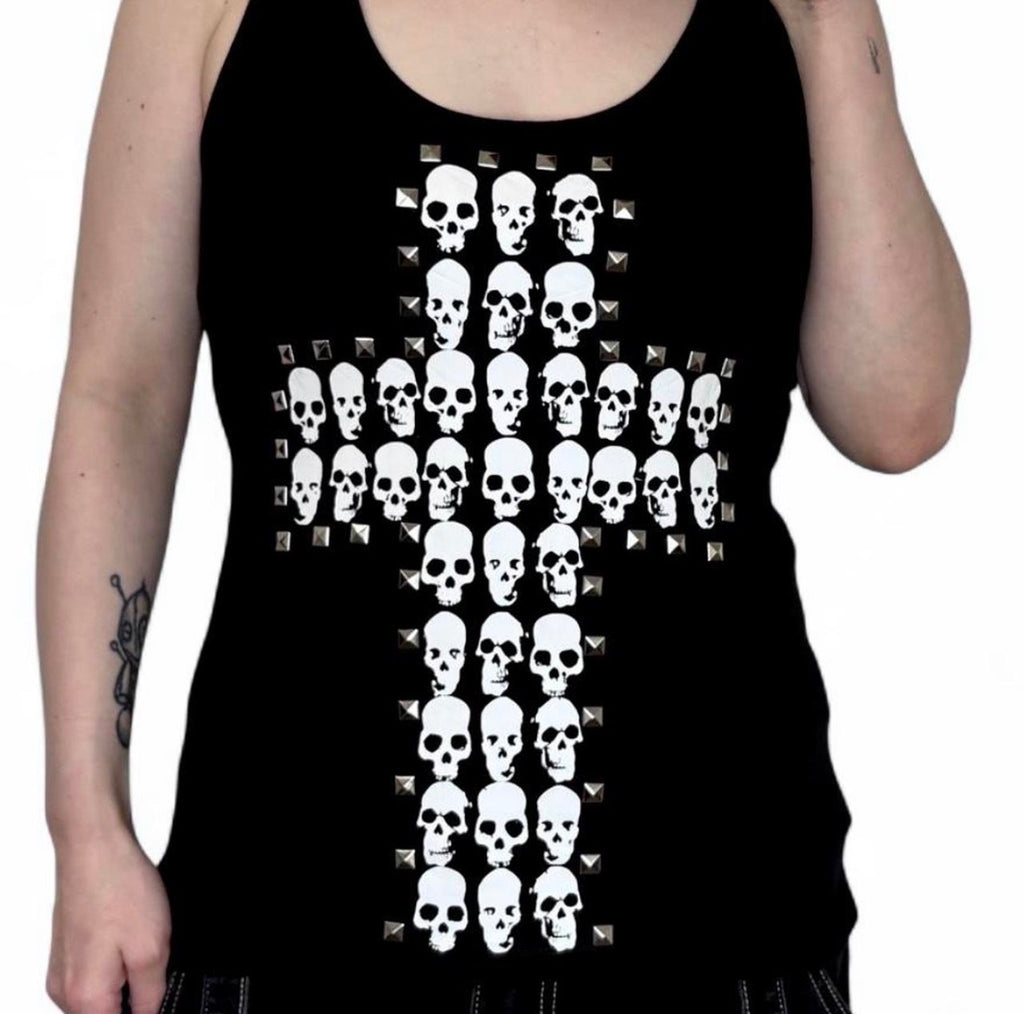 Skull cross studded wide strap tank top